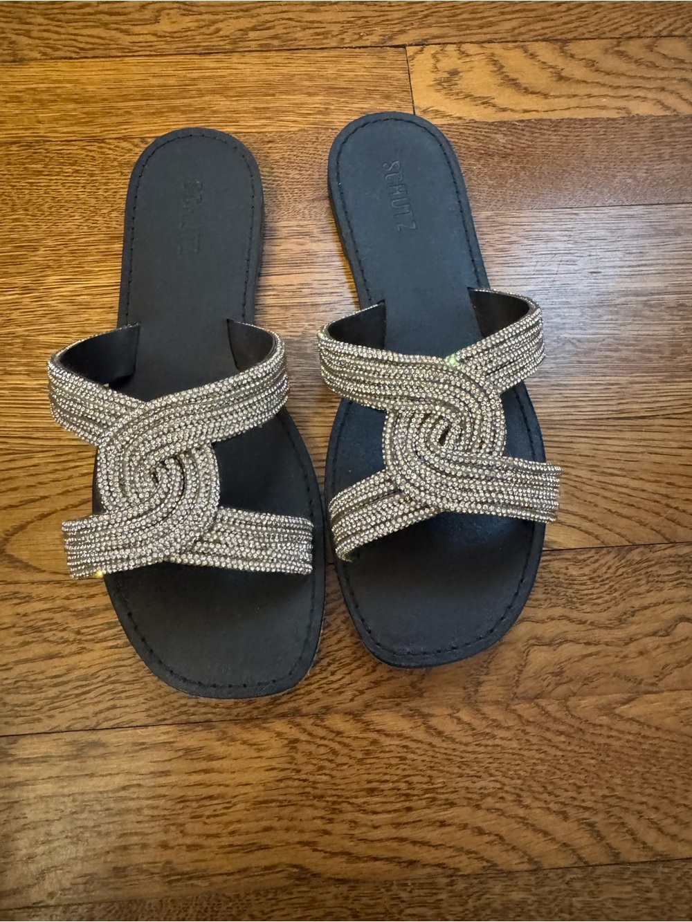 Crystal-Embellished Black Slide Sandals